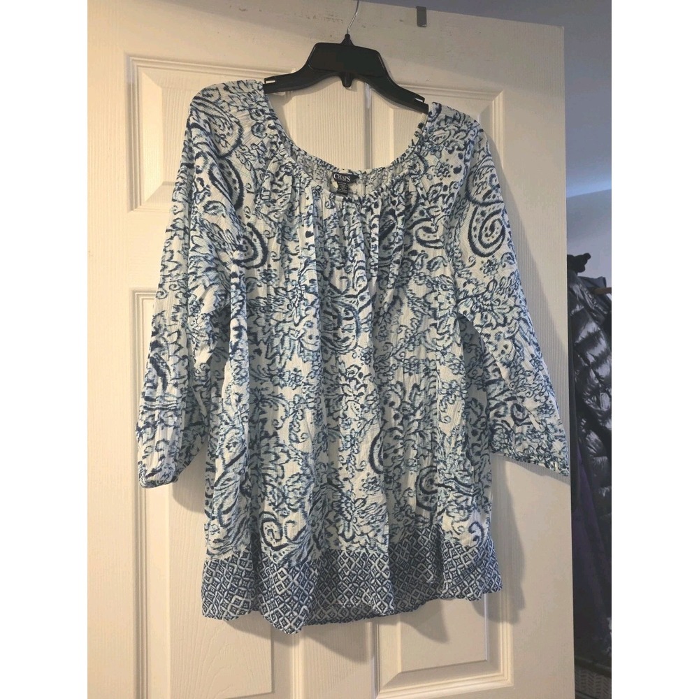 New Chaps Blue Paisley Floral Elastic Round Neck 3/4 Sleeve Cotton Blouse XL